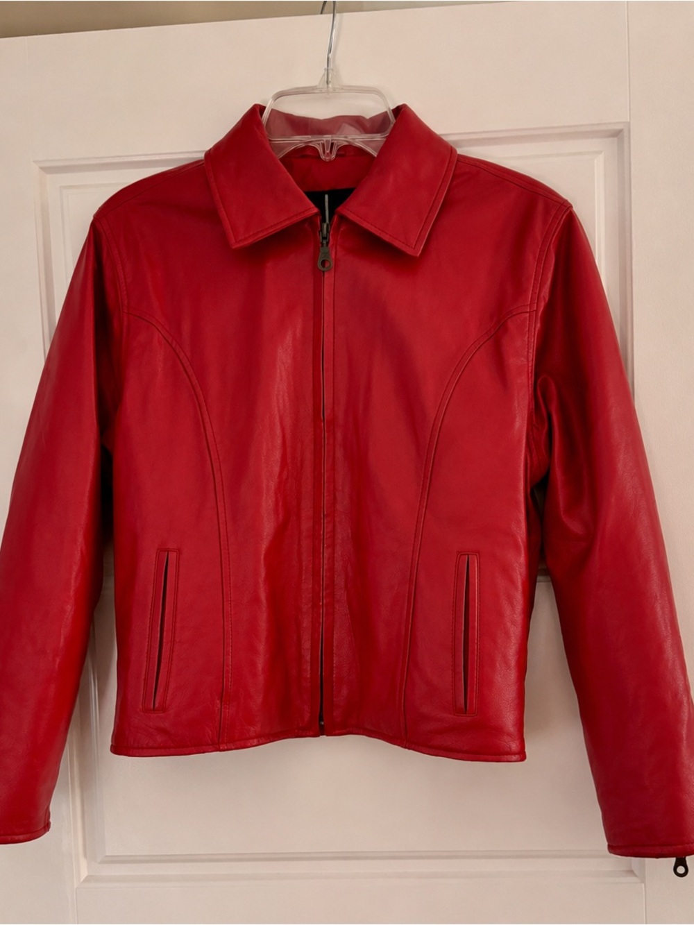 Women's Red Genuine Leather Zip Biker Jacket - Classic Collar
